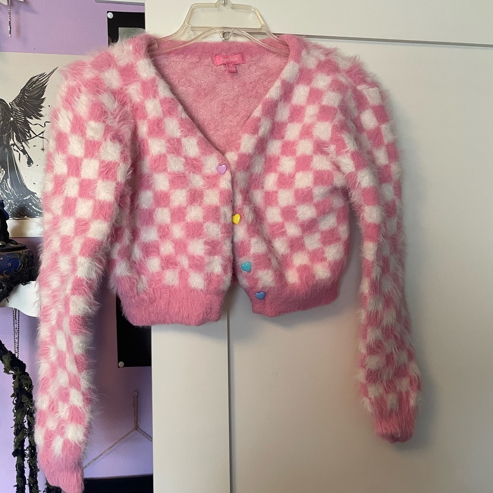 Sugar Thrillz Pink and White Fuzzy Cardigan